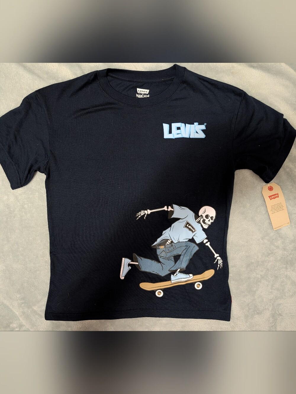Levi's Blue Large Kids Tee with Blue Logo and Skate Skeleton Graphic
